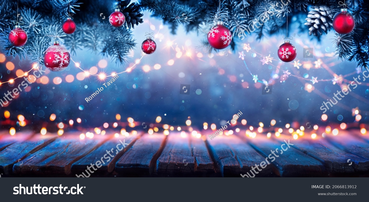 Christmas Table - Lights And Ornaments With Fir Branches At Night -  Abstract Defocused Elements  #2066813912