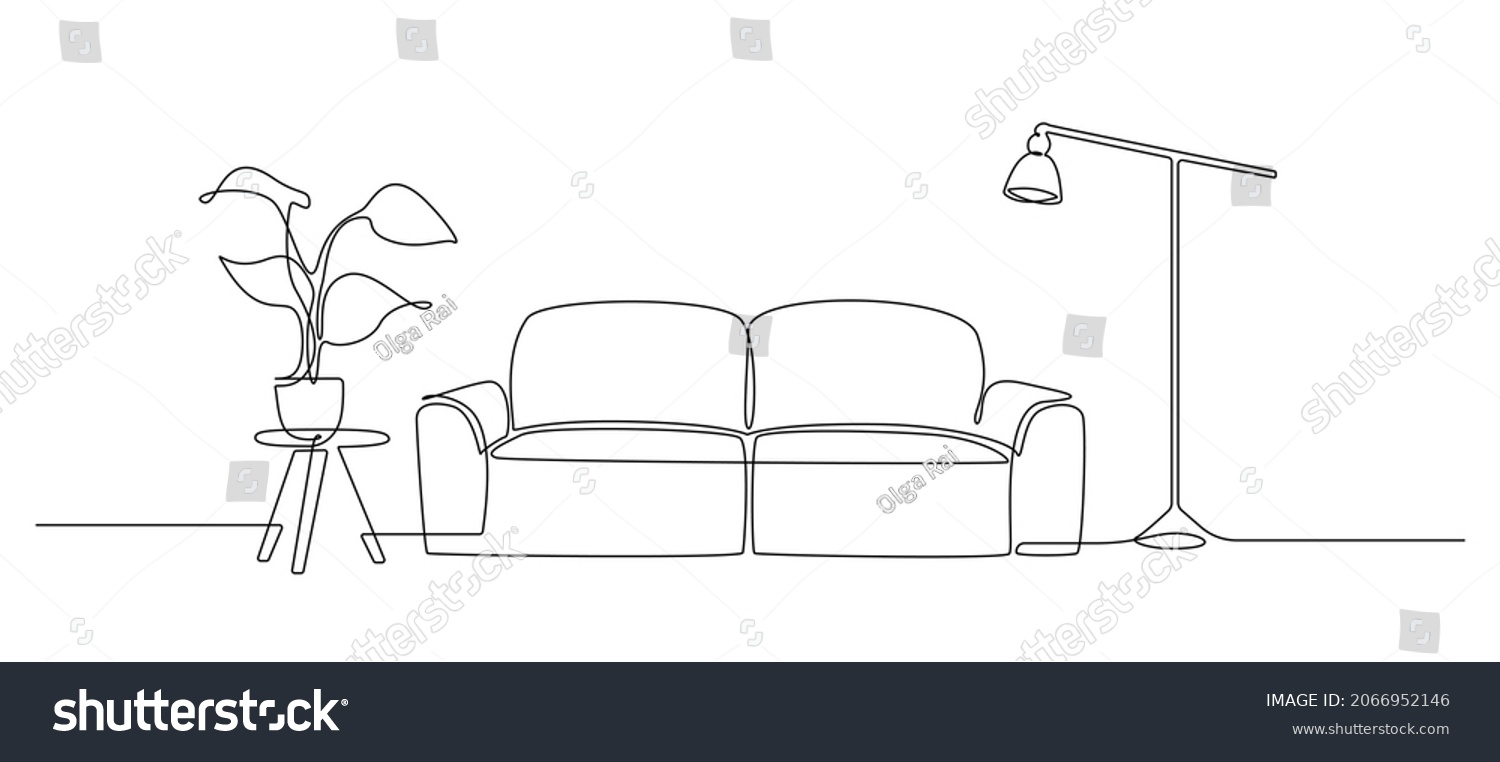 Continuous one line drawing of sofa and lamp and table with plant. Living room interior in loft apartment. Modern furniture in simple Linear style. Doodle vector illustration #2066952146