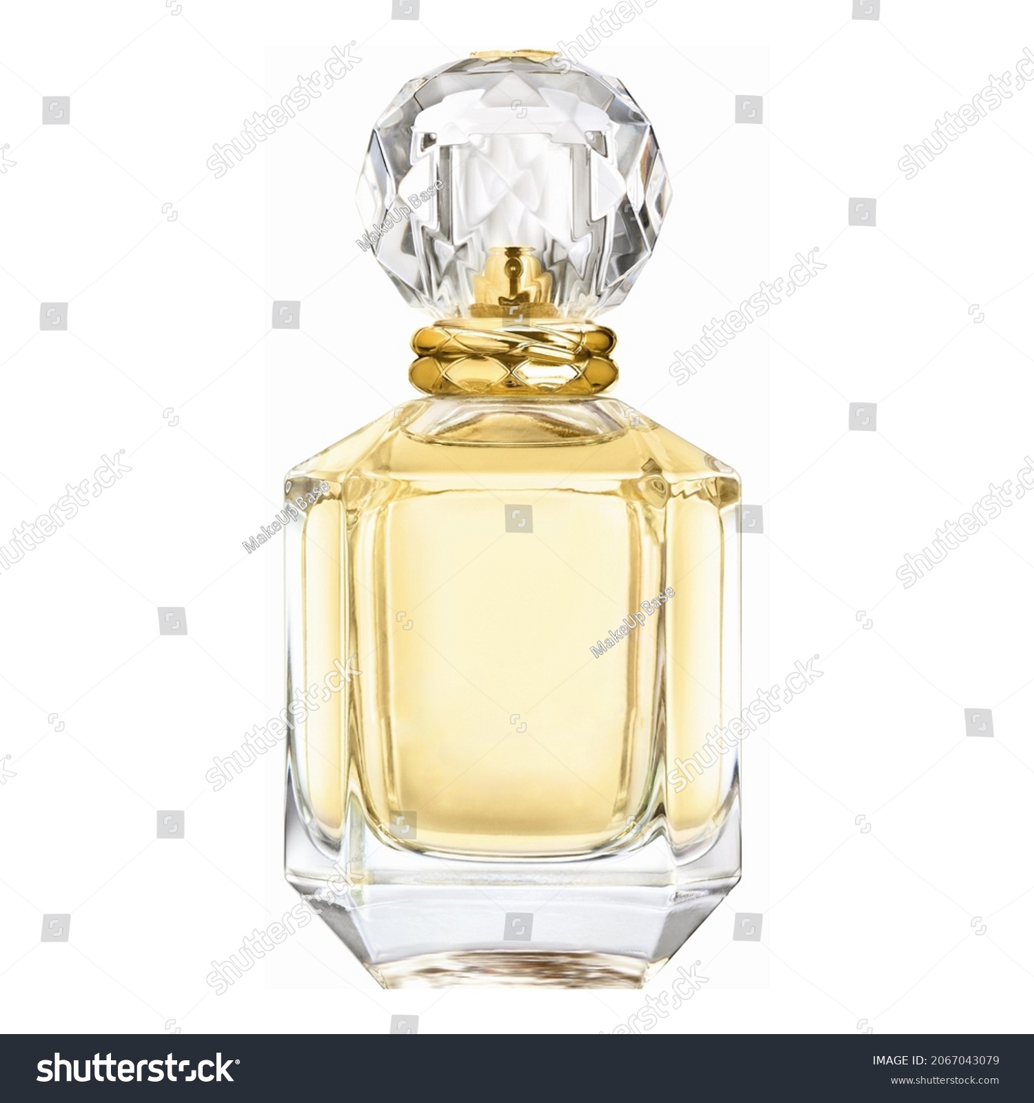 Women's Eau De Parfum Spray Bottle Isolated on White. Yellow Golden Beautiful 30ml Bottle of Perfume. Floral Fruity Fragrance for Women. Perfume Spray. Modern Luxury Lady Parfum De Toilette #2067043079