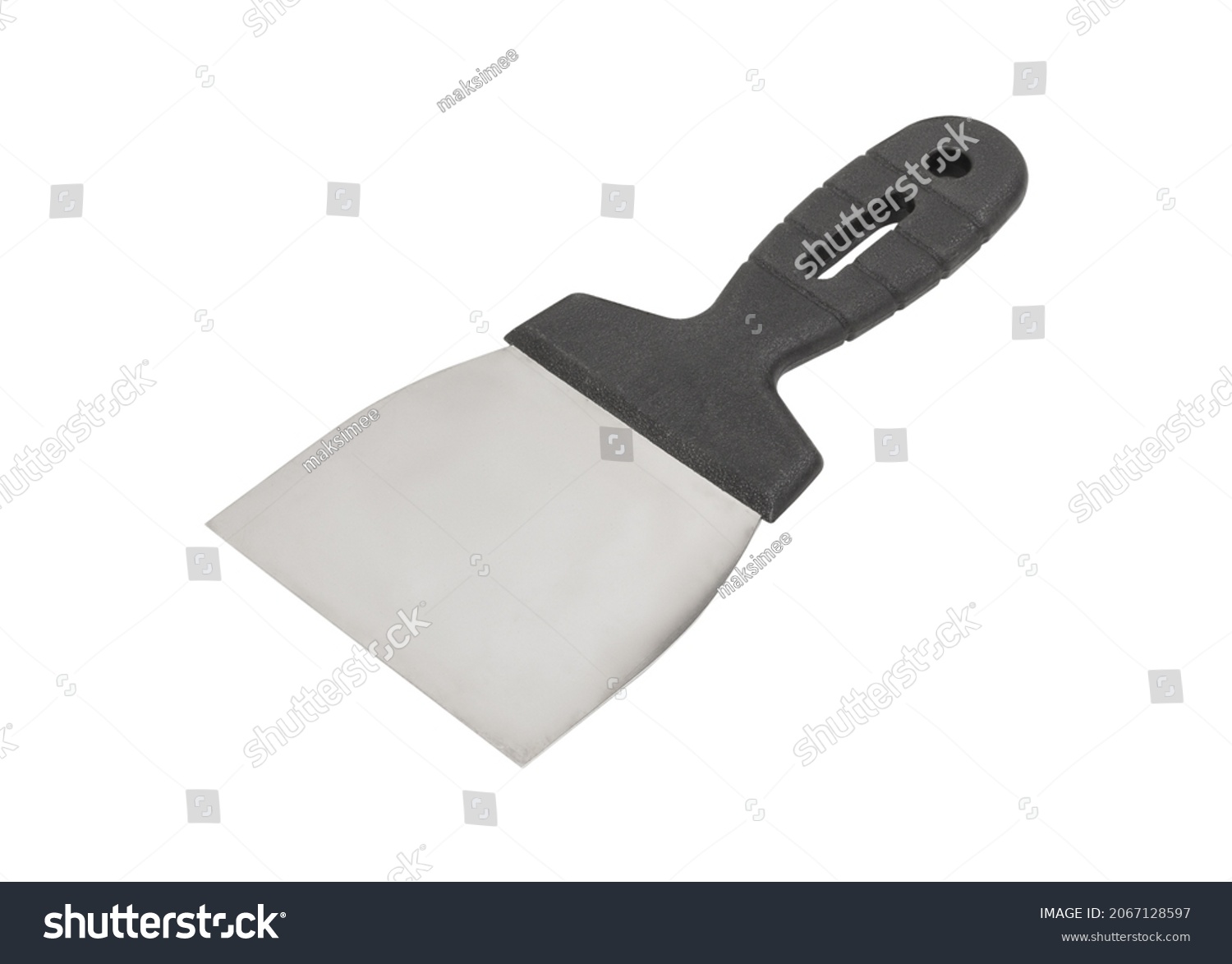 Construction spatula with dark handle isolated on white background. Construction tool, construction tool, putty spatula, Putty knife, sealant spatula. #2067128597