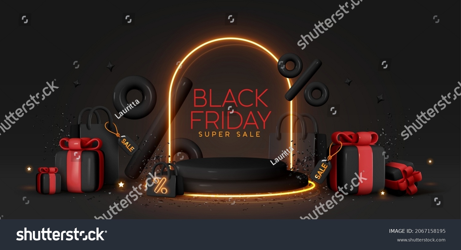Black Friday Sale. Realistic 3d design stage podium, round studio, gold neon lights, gift box black, red bow, shopping bag, big percent label discount. Creative marketing concept. Vector illustration #2067158195