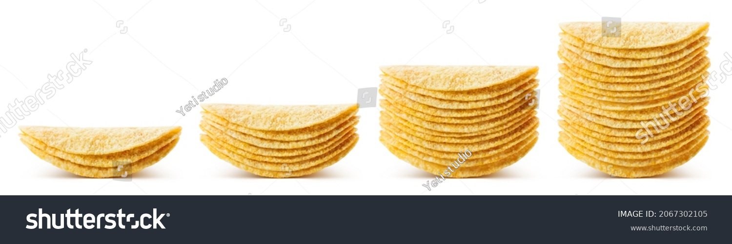 Collection of potato chips stacks, isolated on white background #2067302105