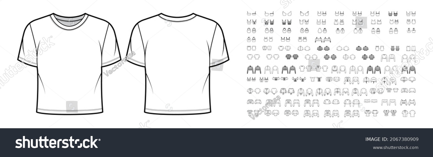 Set of cropped tops, shirts, tanks, blouses technical fashion illustration with fitted oversized body, scoop neck, short long sleeves. Flat apparel template front, back, white color. Women, men unisex #2067380909