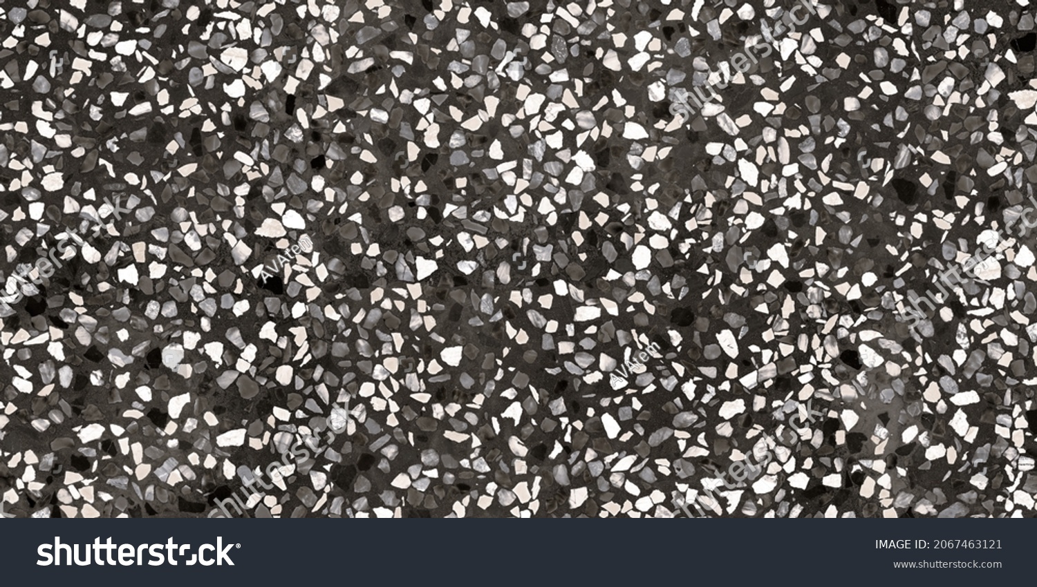 Scanned texture in high quality Terrazzo. Concrete wall with stones of different colors. White, gray and black stones.  #2067463121
