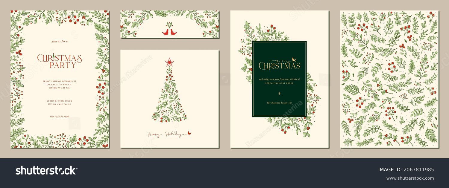 Merry and Bright Corporate Holiday cards. Universal abstract creative artistic templates with Christmas tree, birds, ornate floral frames and backgrounds. #2067811985