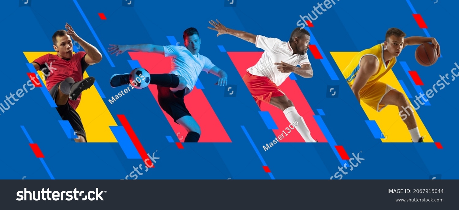 Multiethnic men, professional basketball and football players in action isolated on bright colorful geometric background. Concept of team sport, competition, motion, leader, ad, show. Poster, pattern #2067915044