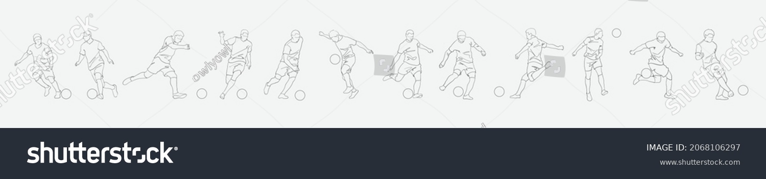 Soccer or football sports outline collection. Vector illustration of male players with ball. #2068106297