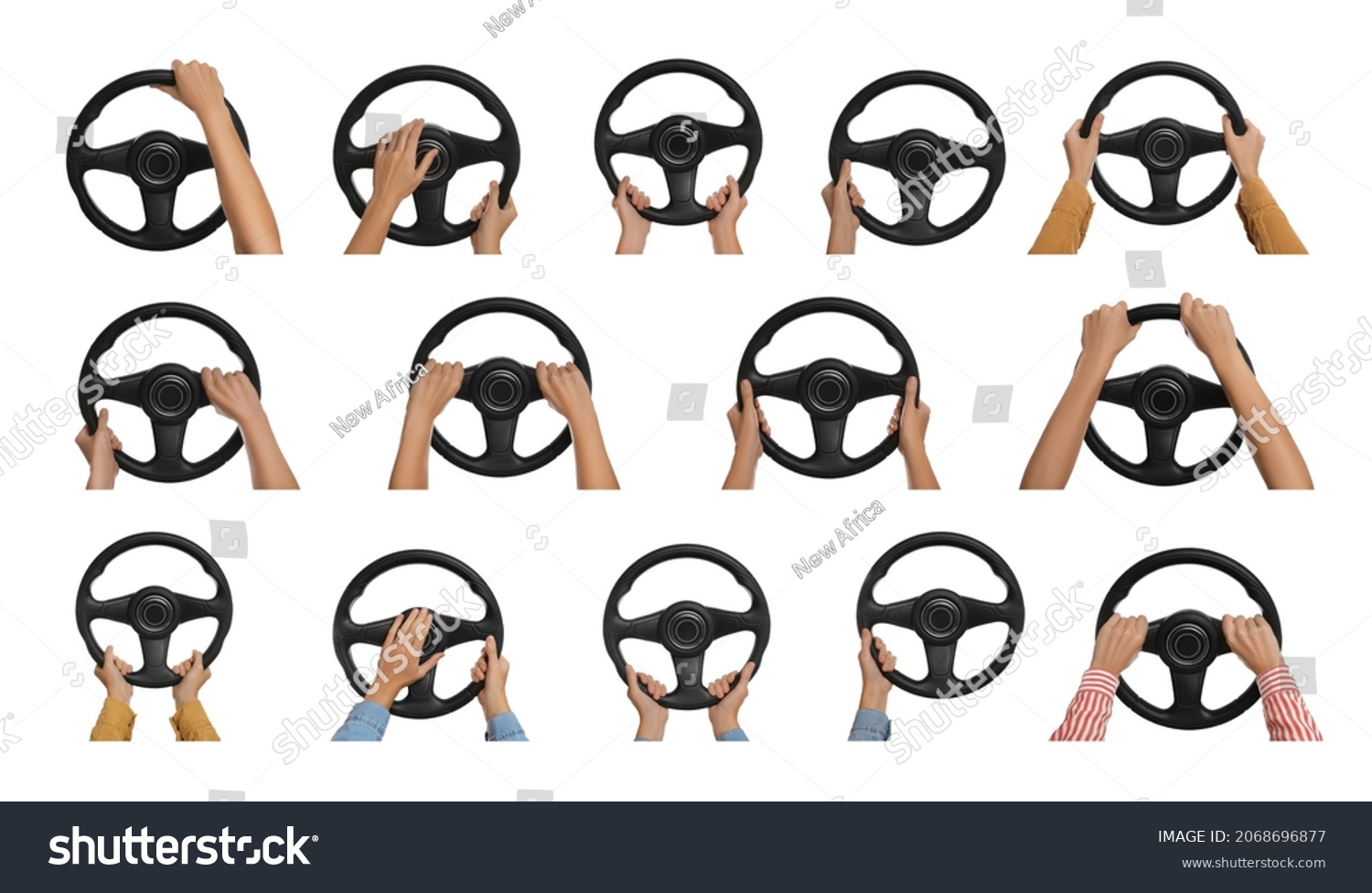 Collage with photos of women with steering wheels on white background, closeup  #2068696877