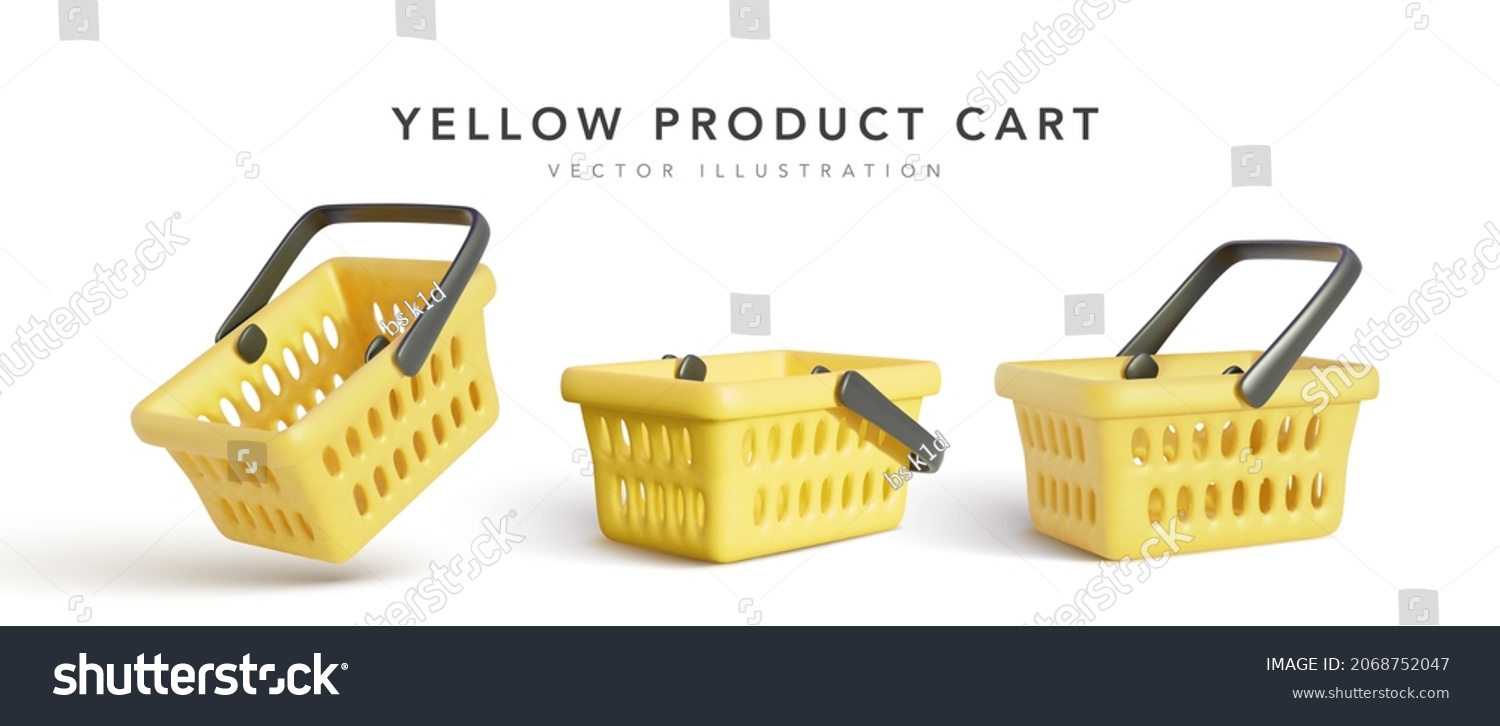 Collection of realistic 3d yellow shopping carts isolated on white background. Empty shopping basket. Vector illustration #2068752047