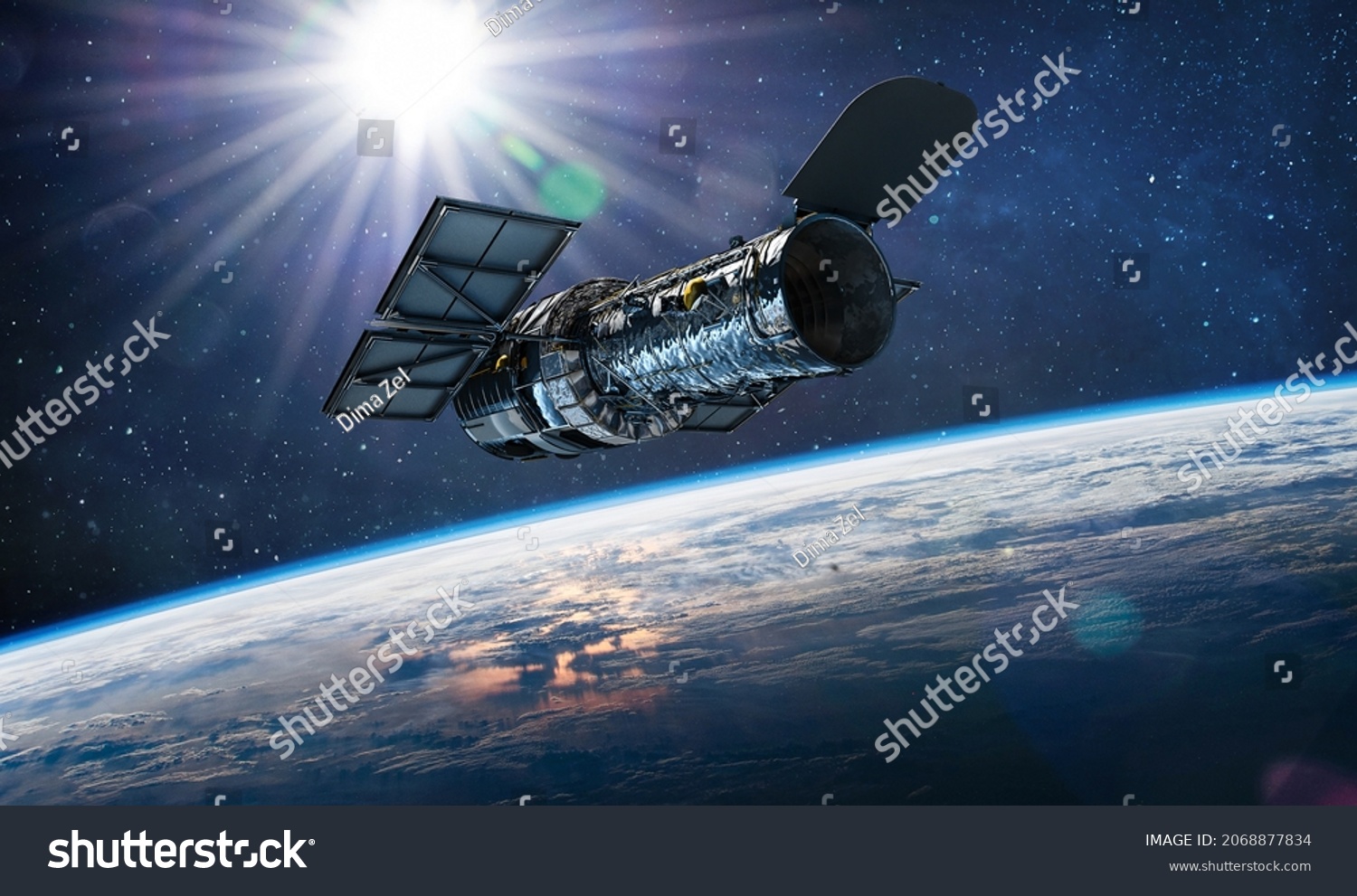 Hubble telescope on orbit of Earth. Space observatory. Telescope in outer space near surface of blue planet. Stars and sun. Elements of this image furnished by NASA #2068877834