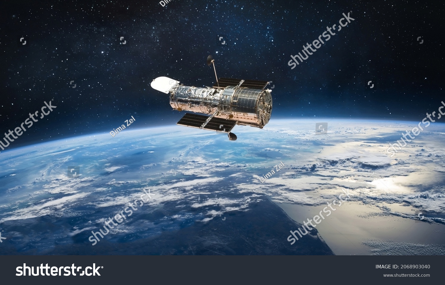 Hubble space telescope on orbit of Earth planet. Space observatory research. Elements of this image furnished by NASA #2068903040