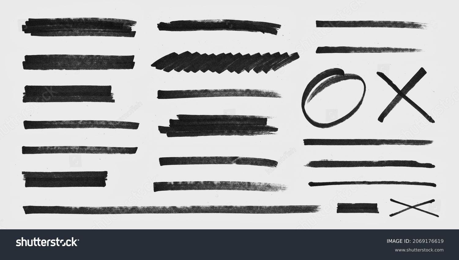 Realistic Rough Black Marker Brush Ink Line Stroke Set Isolated Collection. Grunge Paper Texture. #2069176619