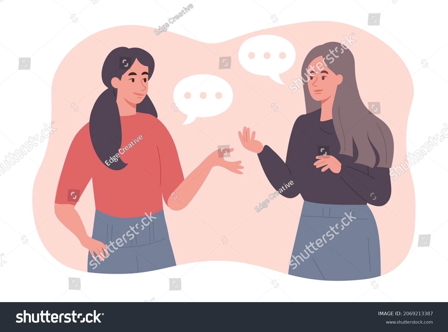 Two women talking to each other concept. Female characters communicate and discuss news. Friends have dialogue about their affairs and hobbies. Speech bubble. Cartoon modern flat vector illustration #2069213387