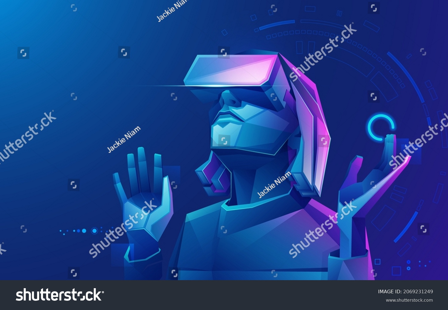 concept of virtual reality technology, graphic of a teenage gamer wearing VR head-mounted playing game #2069231249