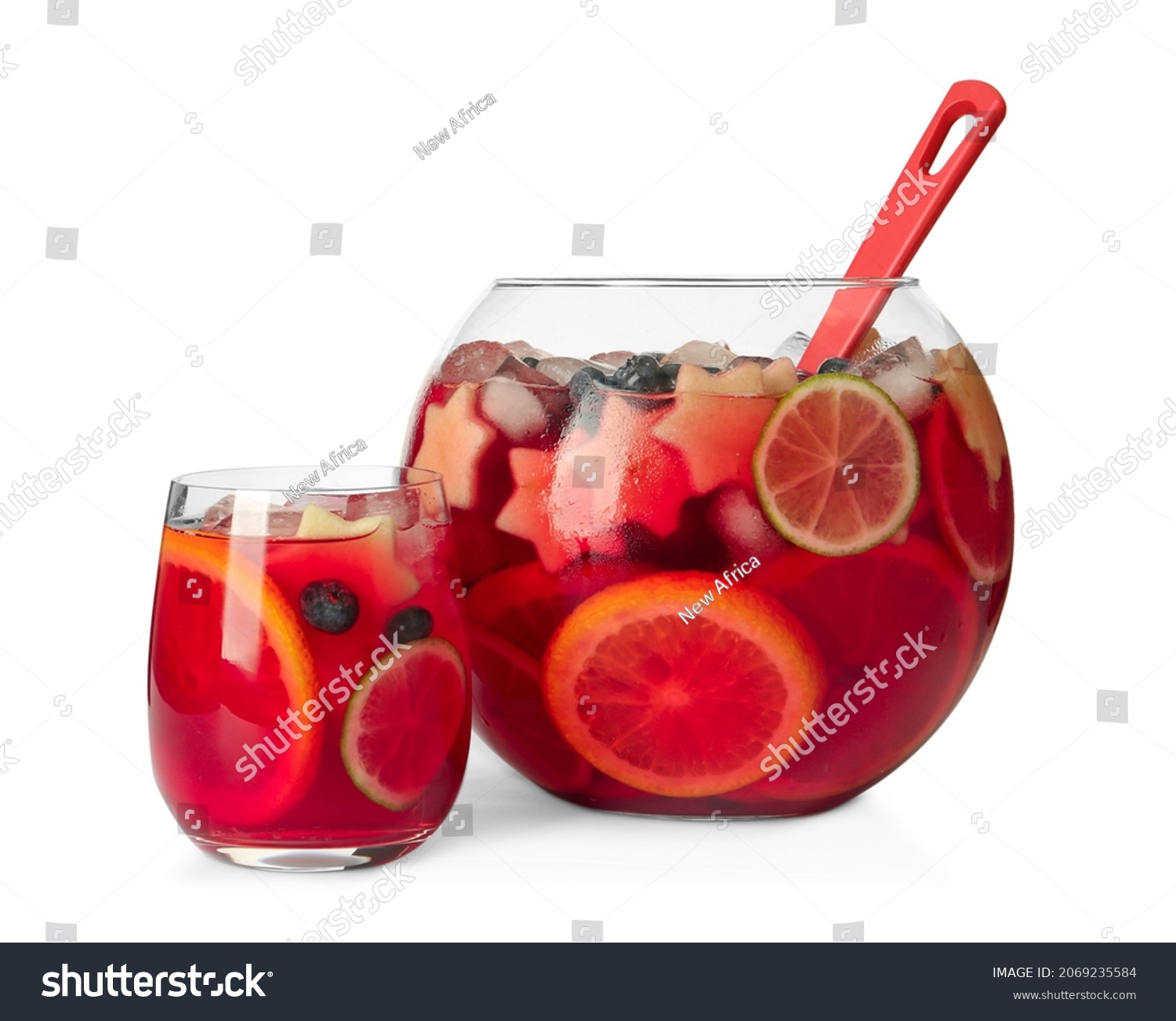 Glass and bowl of Red Sangria isolated on white #2069235584