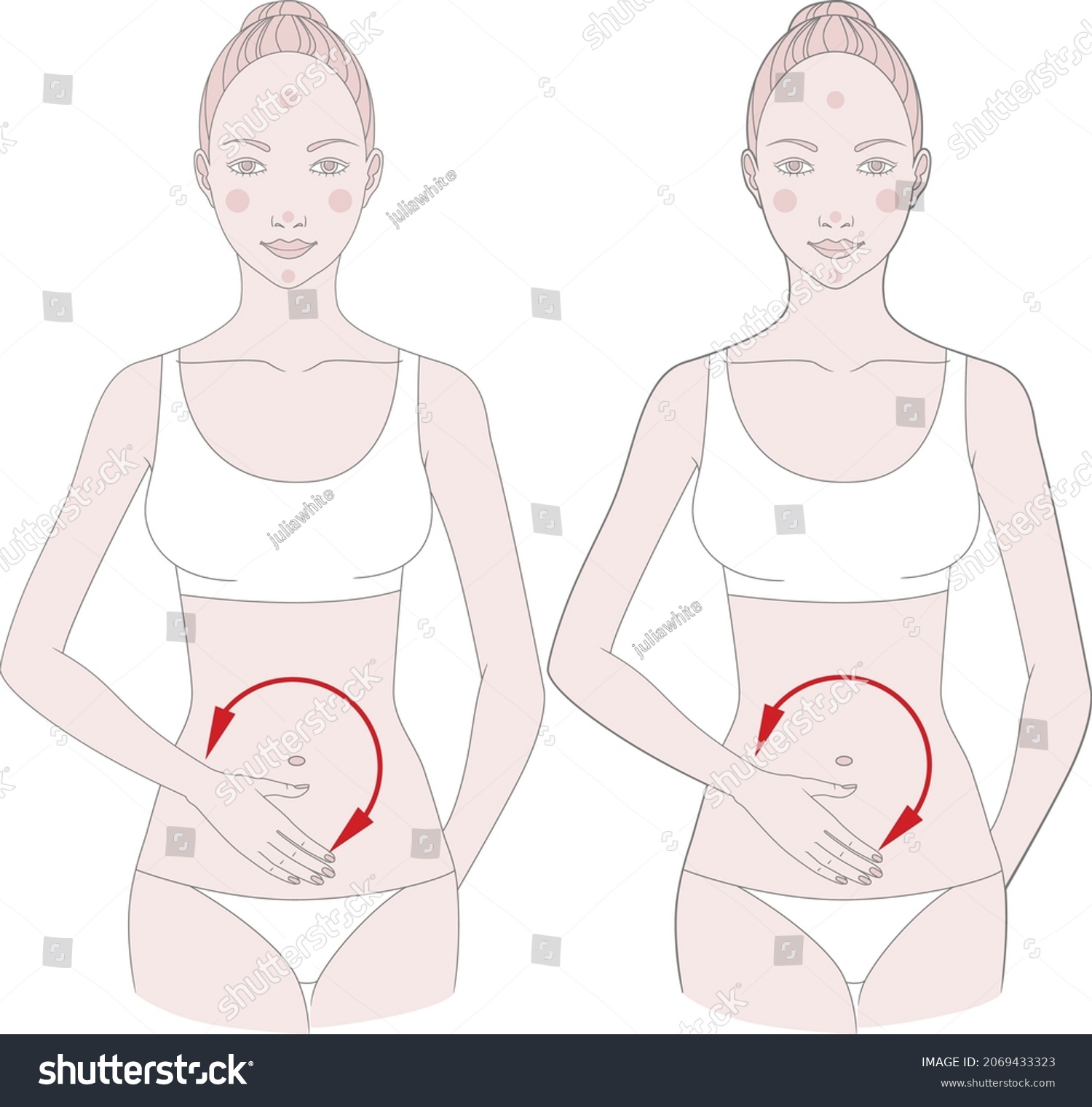 Half-figure of a girl. Self-massage of fatty deposits in the abdomen. Vector illustration. #2069433323