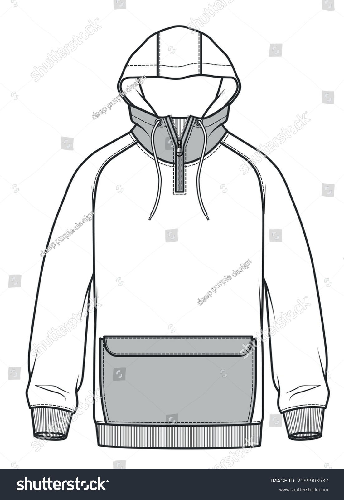 Hoodie Vector Fashion Flat Sketch, Fashion Template, Unisex Hoodie Design, hoodie fashion cad.  #2069903537