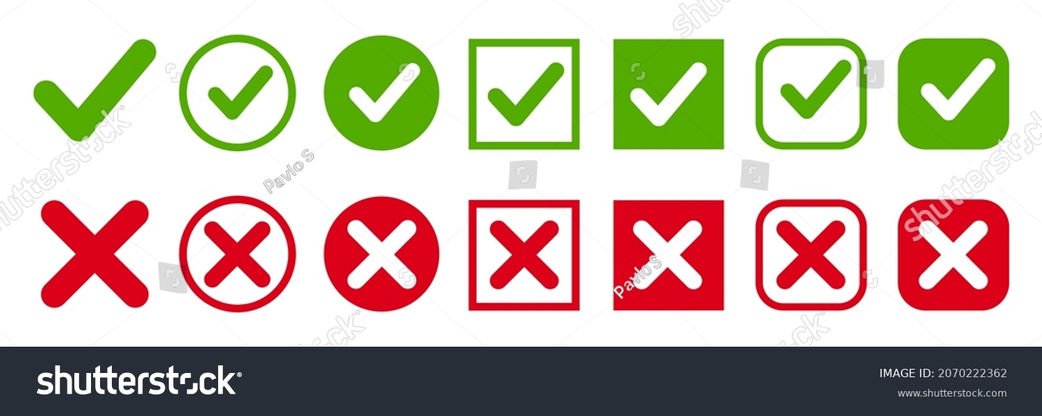 Set green approval check mark and red cross icons in circle and square, checklist signs, flat checkmark approval badge, isolated tick symbols - vector #2070222362