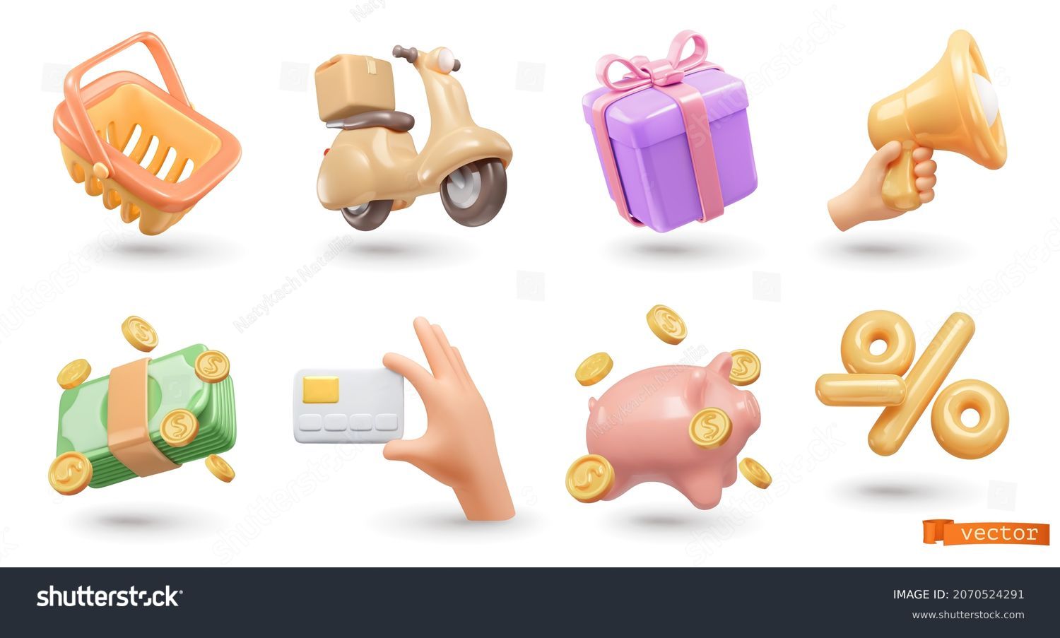 Online shop 3d render realistic vector icon set. Basket, delivery, gift, promotion, payment, card, bonus, discounts #2070524291