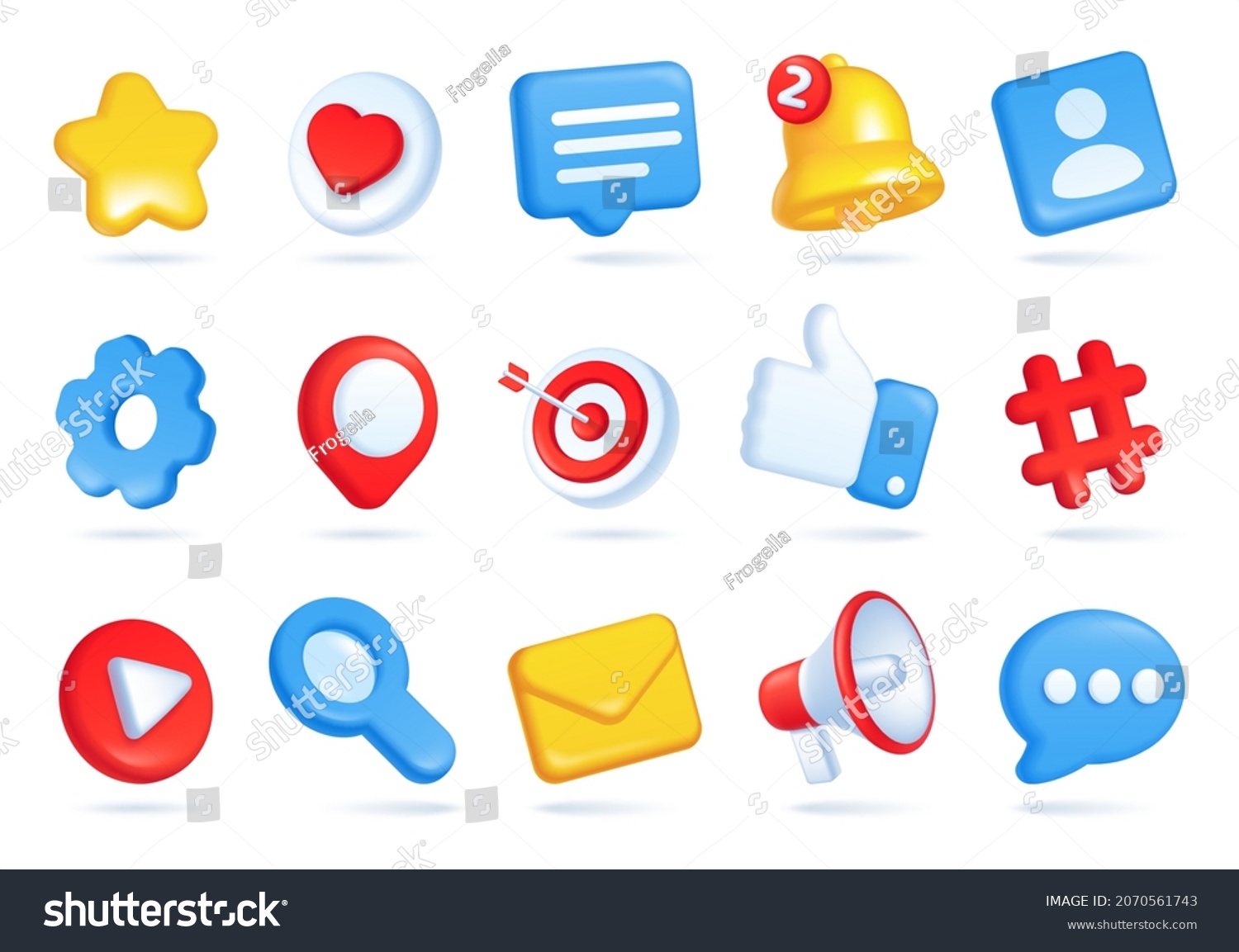 3d social media icons, online communication, digital marketing symbols. Like button, speech bubble, notification bell, hashtag icon vector set. Elements for networking sites, applications #2070561743