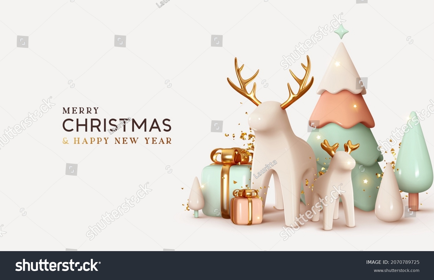 Christmas winter festive composition. Colorful Xmas background realistic 3d decorative design objects, big and small deer, gift boxes, snowy trees, gold confetti. Happy New Year. Vector illustration #2070789725