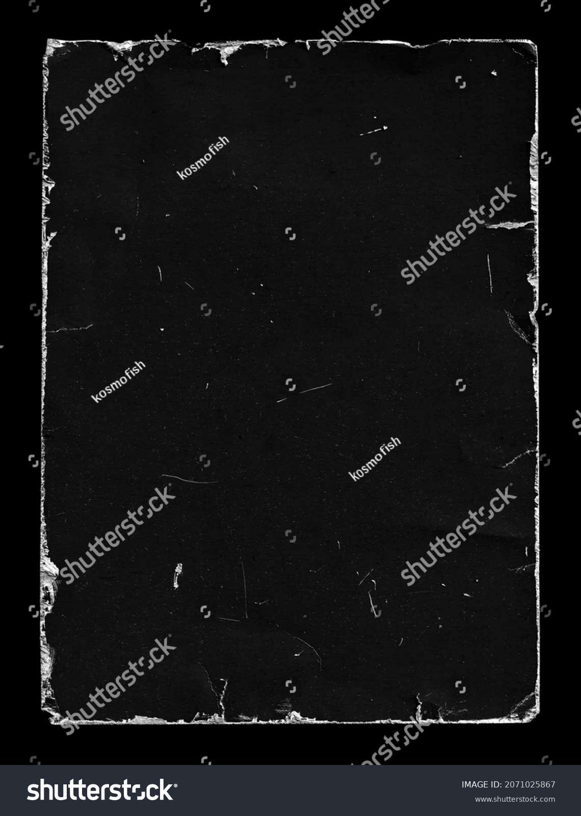 Old Black Empty Aged Damaged Paper Poster Cardboard Photo Card. Rough Grunge Shabby Scratched Torn Ripped Texture. Distressed Overlay Surface for Collage. High Quality. #2071025867