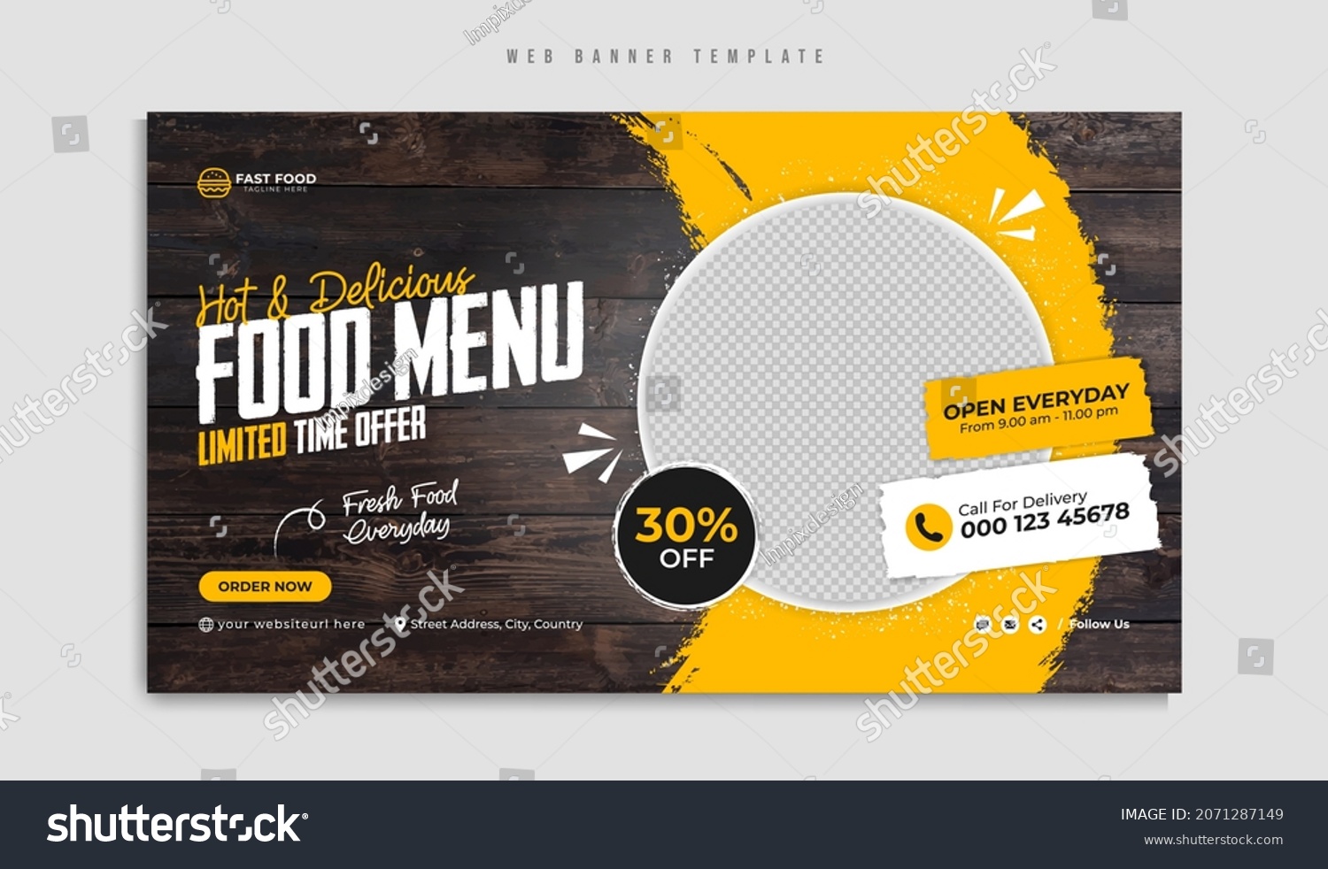 Fast food restaurant menu social media marketing web banner template design. Pizza, burger and healthy food business online promotion flyer with abstract background, logo and icon. Sale cover. #2071287149