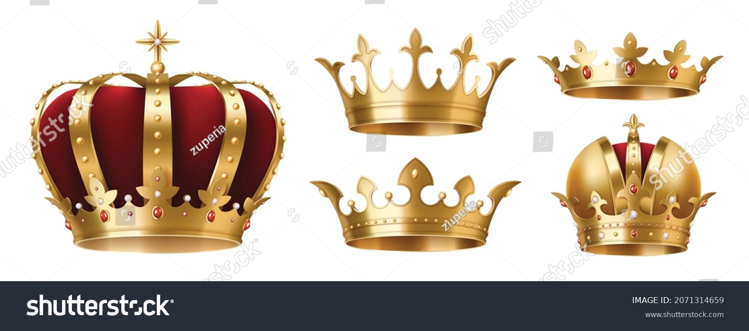 Realistic gold crowns set. Crowning headdress for king and queen. Royal golden noble aristocrat monarchy red jewel crowns. Monarch jewels royalty luxury coronation. 3d vector illustration #2071314659