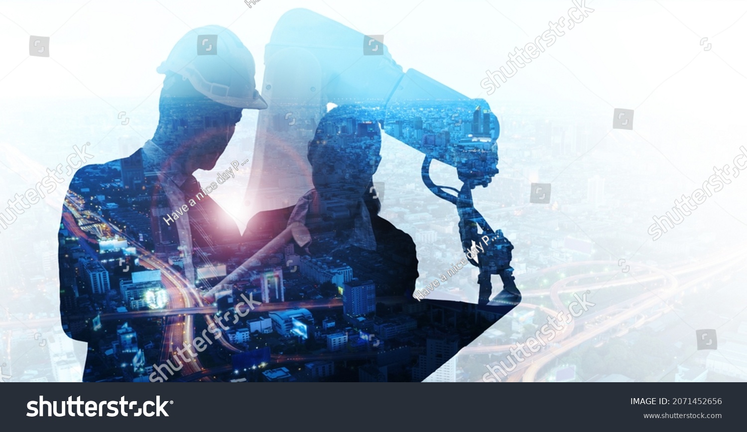 Futuristic architecture engineer using robot ai technology assistant development of modern city building structure, innovative idea efficient work teamwork dynamic blue double exposure background #2071452656