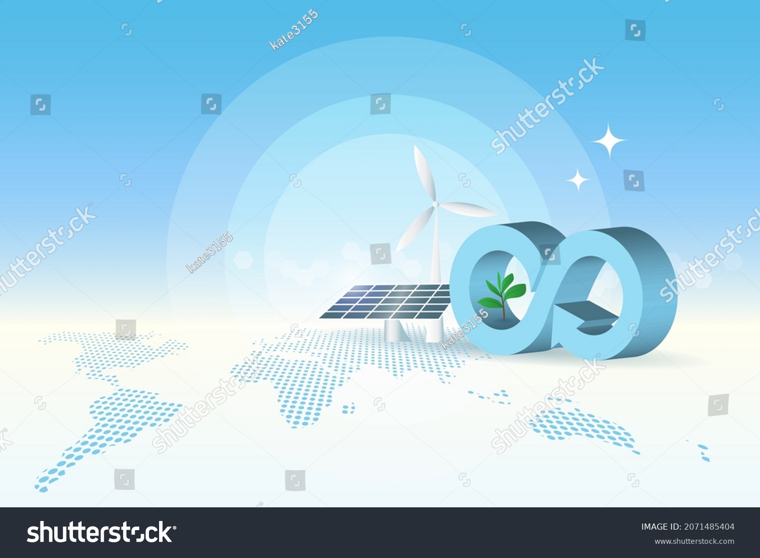 Circular economy logo with wind turbines and solar panel on world map background. For sustainable strategy goal of eliminating waste and pollution, renewable and reuse natural resources. #2071485404