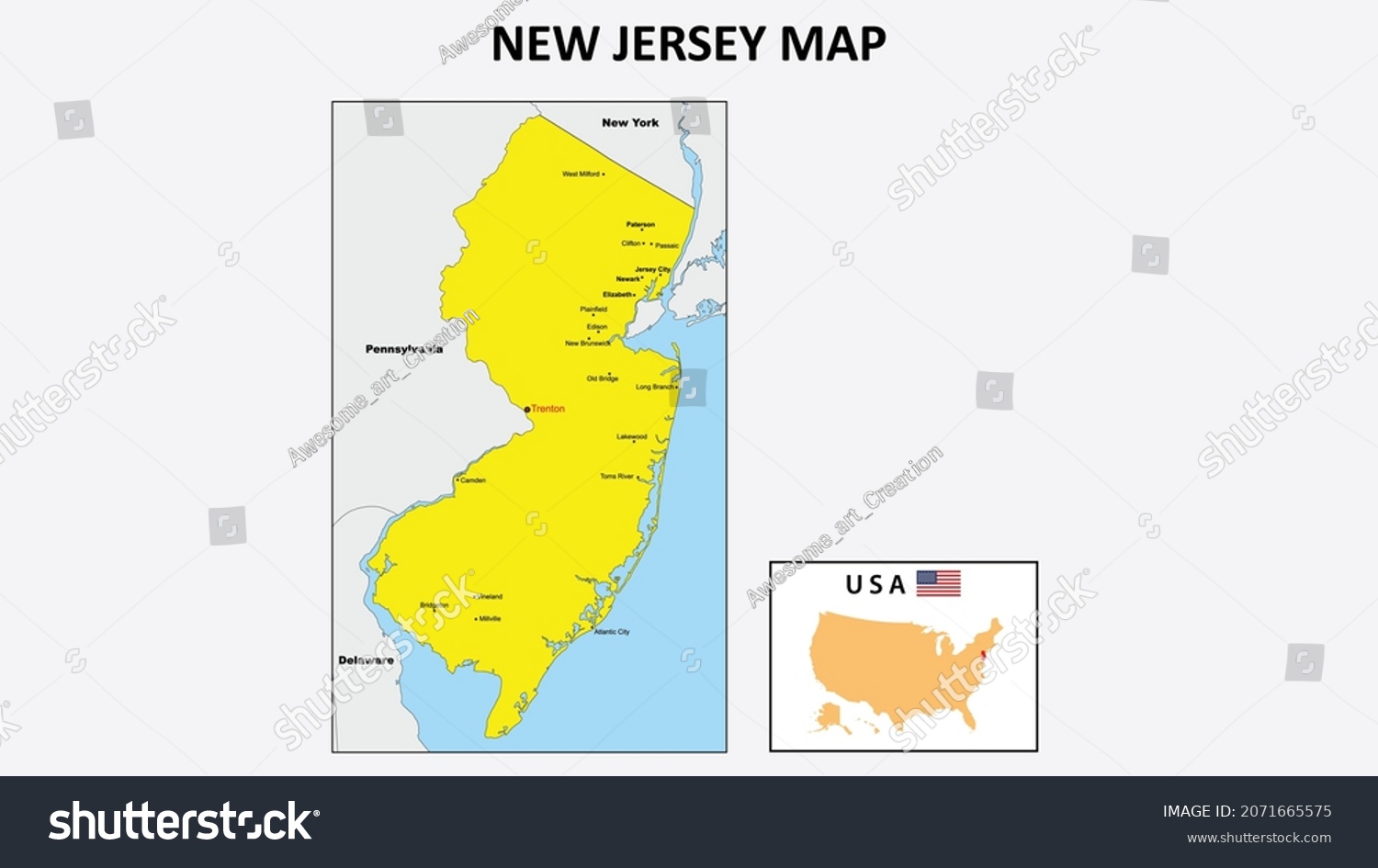 New Jersey Map State And District Map Of New Royalty Free Stock Vector 2071665575 2076