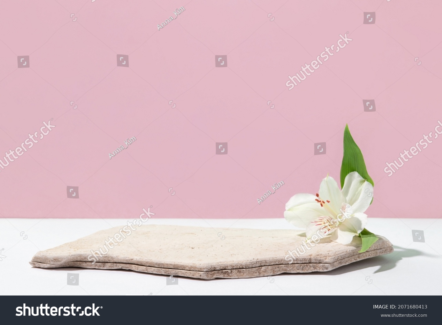 Background for cosmetic products of natural pink color. Stone podium with white flowers. Front view. #2071680413