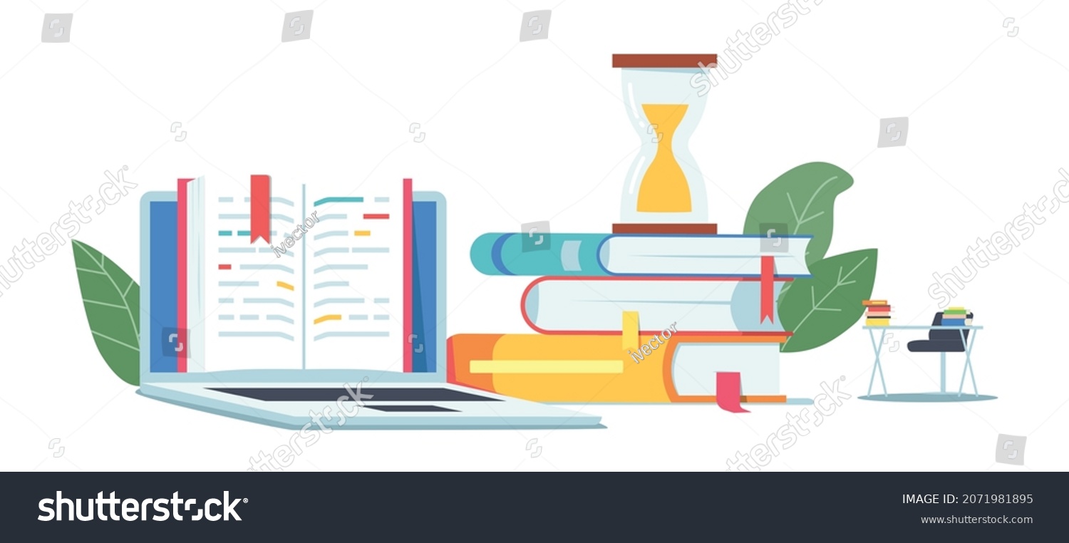 Exam Preparation Concept with Open Textbook, Hourglass Stand on Books Pile and Student Desk. Classroom Interior Stuff for Studying, School, College or University Room. Cartoon Vector Illustration #2071981895