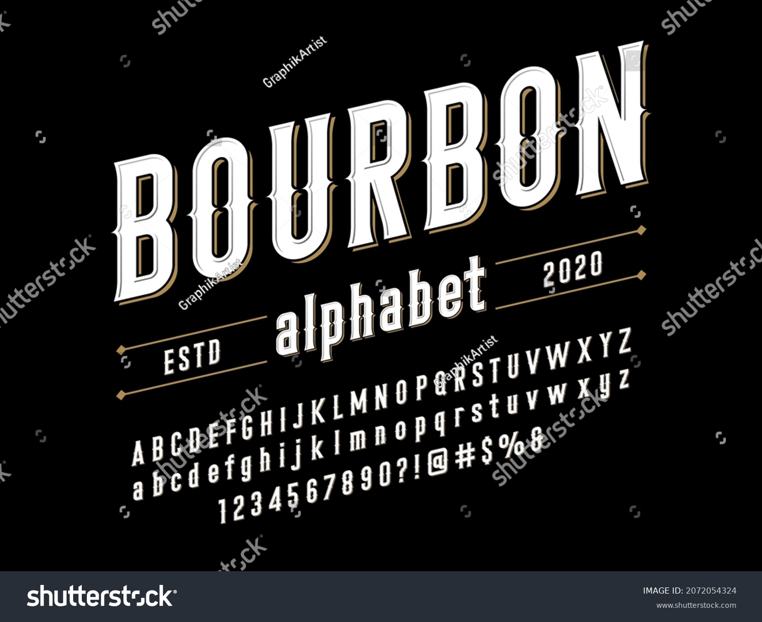 Vintage whiskey and bourbon label style alphabet design with uppercase, lowercase, numbers and symbols #2072054324
