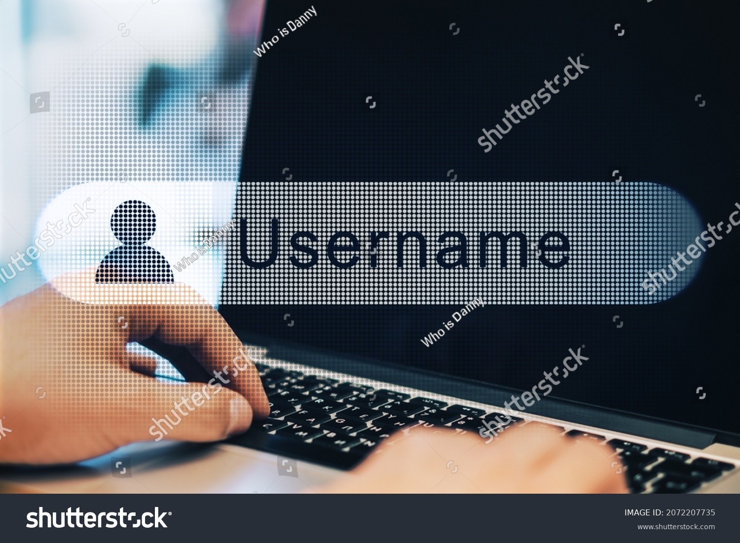 Close up of businessman hands using laptop with creative username bar on blurry outdoor background. Data and information concept. Double exposure #2072207735