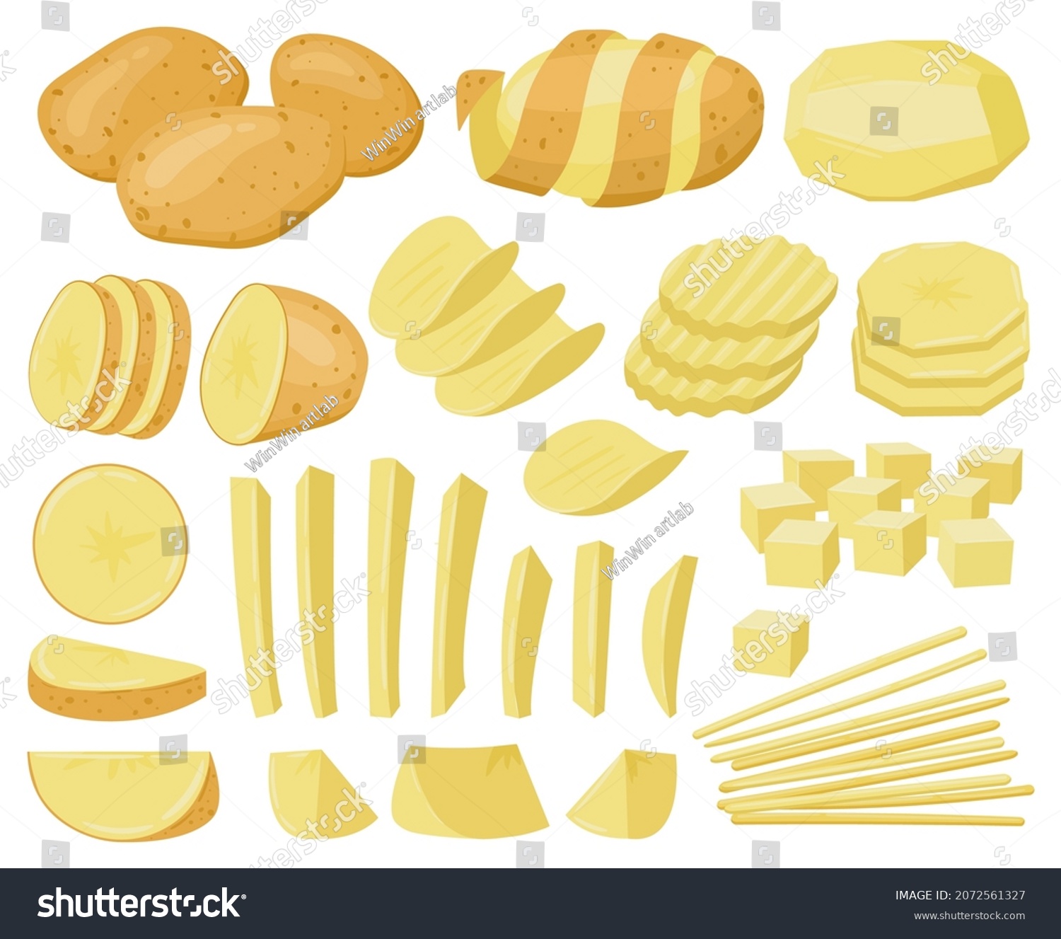 Cartoon potato, raw sliced potatoes, french fries, chips. Potatoes vegetable products, chopped and peeled potatoes vector illustration set. Ripe, tasty potato vegetable. Food vegetable cartoon #2072561327