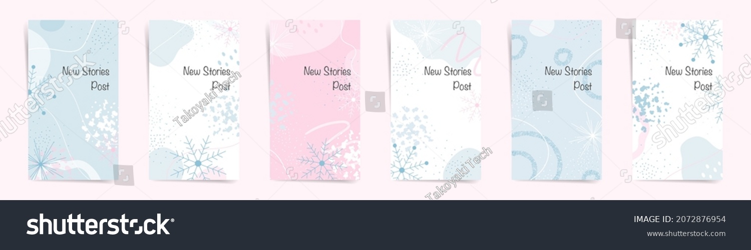 Winter sale stories banners fashion template set. Winter snow design for new stories and promo posts. Winter design with snowflakes, abstract shapes and wavy lines in white, blue, and pink colors set. #2072876954