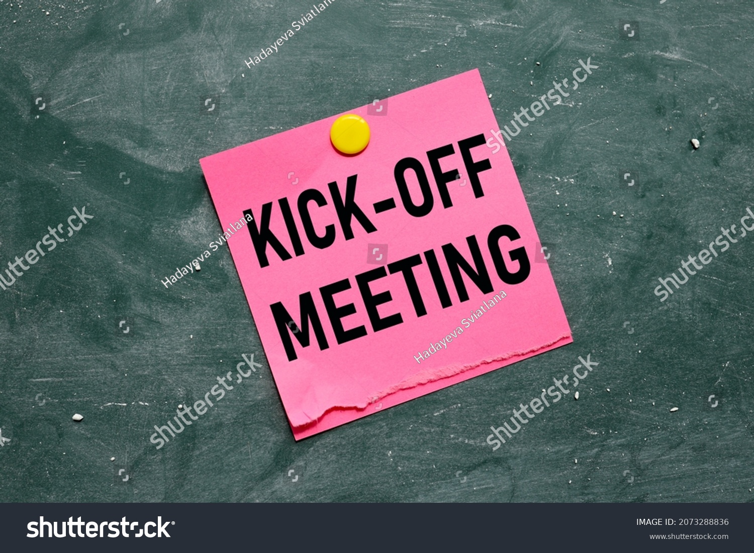 KICK OFF MEETING. blank pink sticker on a green board attached with a round magnet, #2073288836