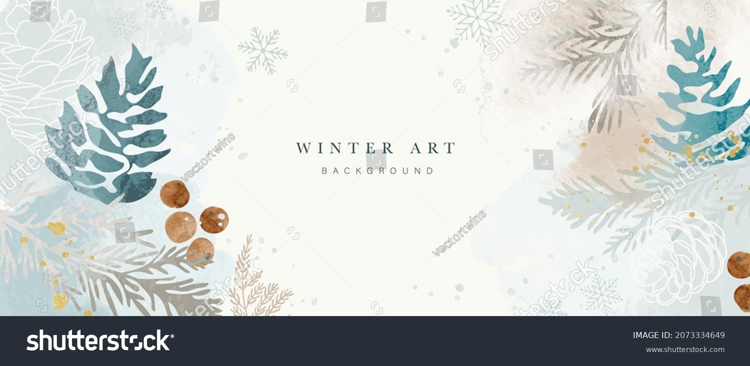 Winter background vector. Hand painted watercolor and gold brush texture, Flower and botanical leaves hand drawing. Abstract art design for wallpaper, wall arts, cover, wedding and  invite card.   #2073334649