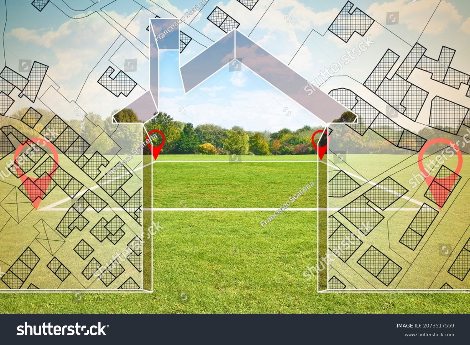 Land plot management - Imaginary city map with buildings, land parcels and home silhouette - real estate concept with a vacant land on a green field available for building construction #2073517559
