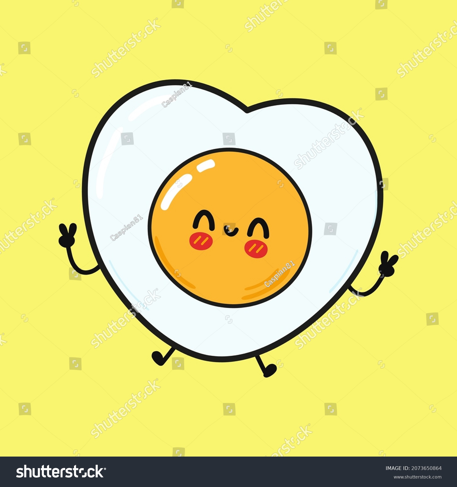 Cute funny jumping fried eggs character. Vector hand drawn cartoon kawaii character illustration icon. Isolated on yellow background. Fried eggs character concept #2073650864