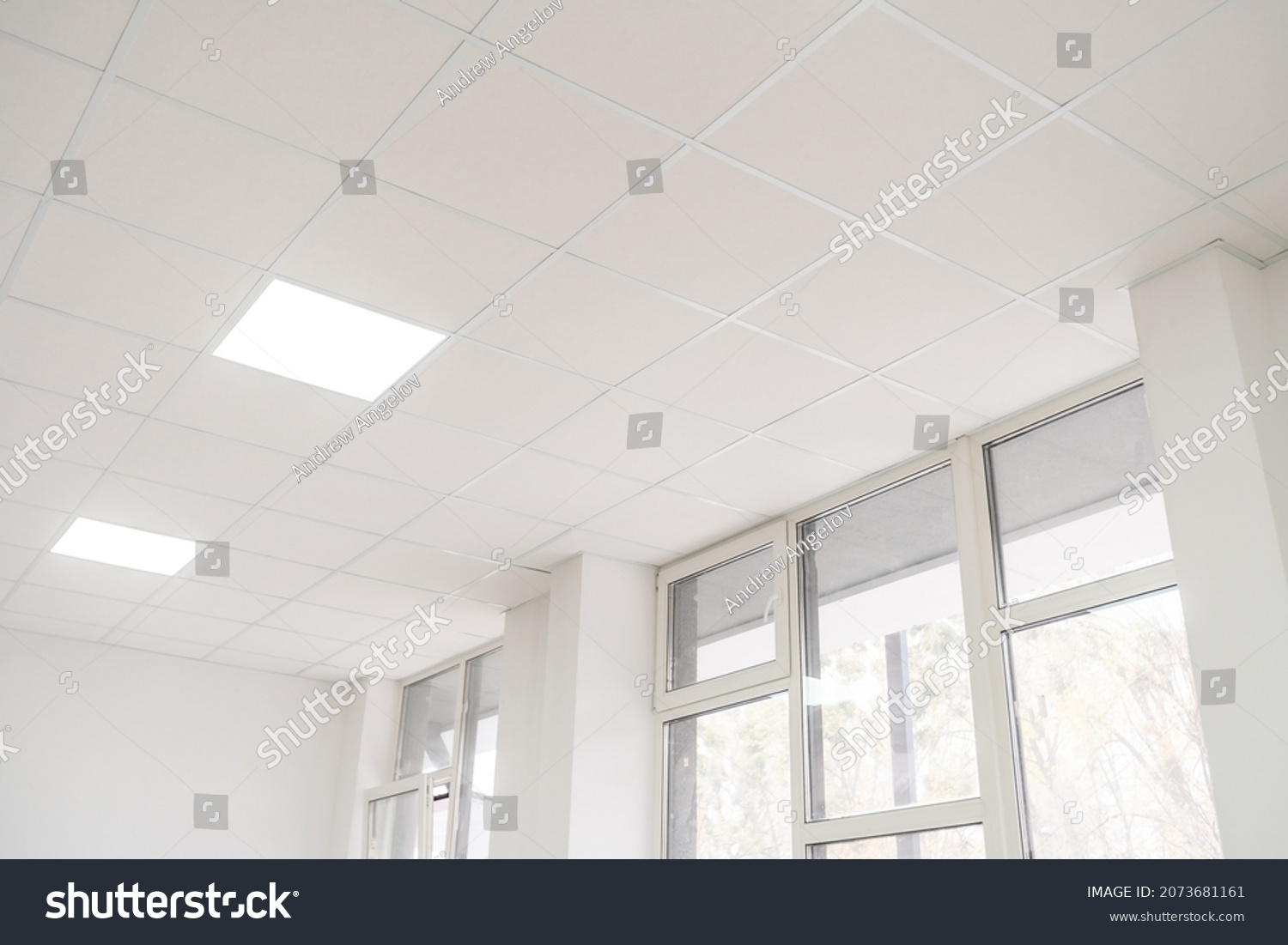 Acoustic ceiling with lighting and light channel window, Acoustic ceiling board texture Sound-proof material, Sound absorber, industry construction concept background black and white tone #2073681161
