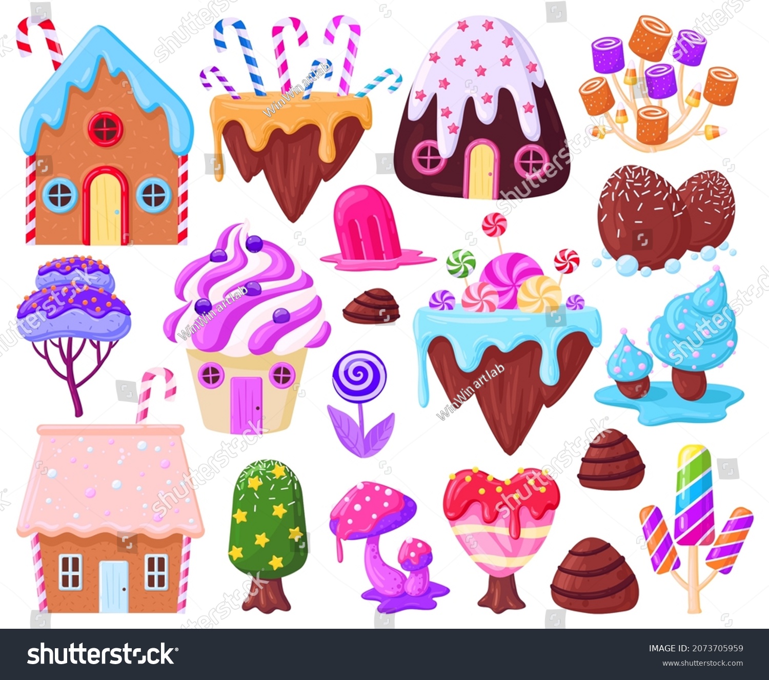Cartoon sweet fantasy gingerbread houses and caramel trees. Fairy tale sweet candy land, biscuit houses, lollipop vector illustration set. Candy land elements. Cartoon food sweet cake, sugar candy #2073705959