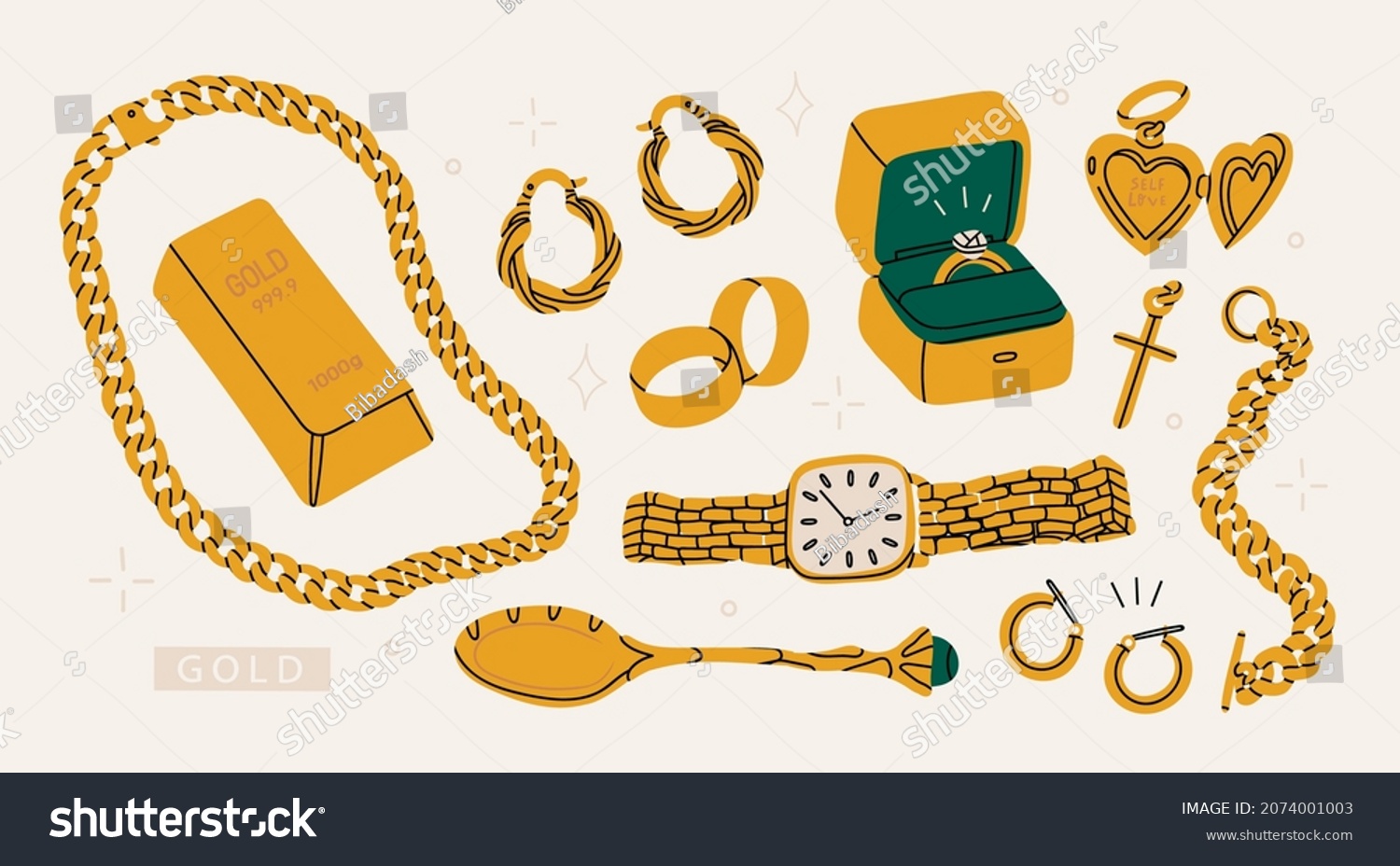 Big Golden set. Precious jewelry concept. Gold bar, earrings, heart shaped locket, engagement wedding rings, wrist watch, golden chain, bracelet, cross, spoon. Hand drawn modern Vector illustration #2074001003