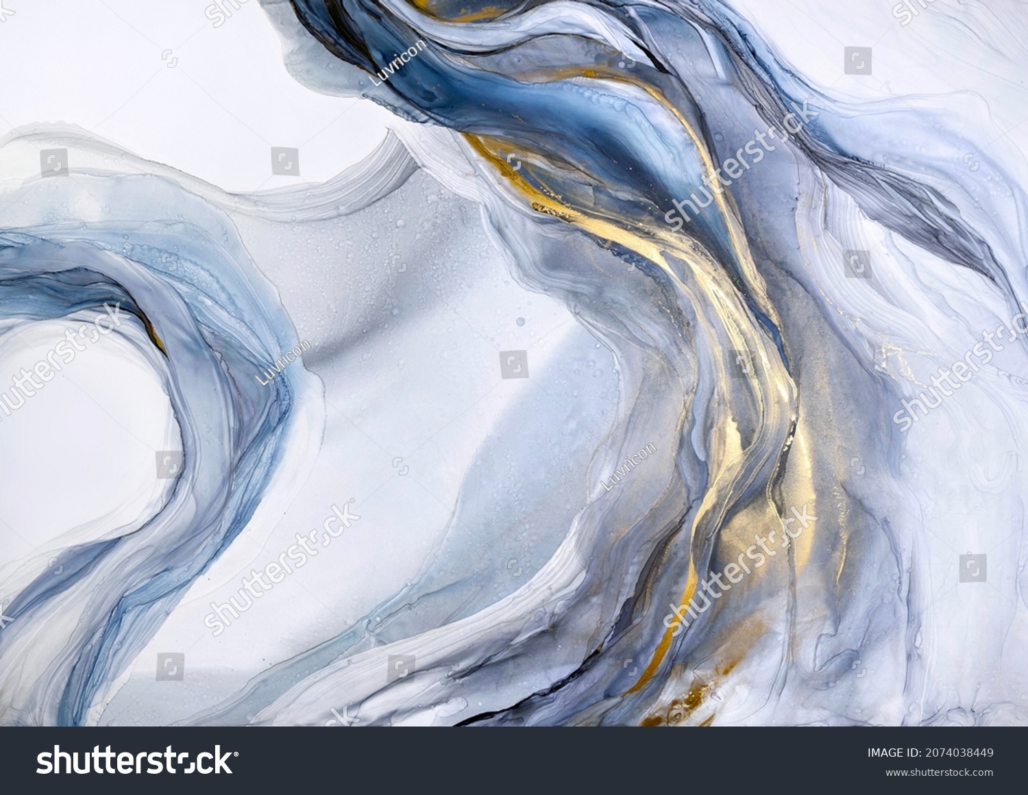 Abstract blue art with gray and gold — light blue background with beautiful smudges and stains made with alcohol ink and golden paint. Blue fluid texture poster resembles watercolor or aquarelle. #2074038449