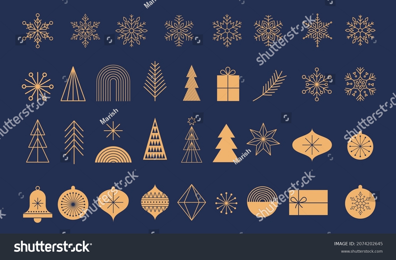 Simple Christmas background, golden geometric minimalist elements and icons. Happy new year banner. Xmas tree, snowflakes, decorations elements. Retro clean concept design #2074202645