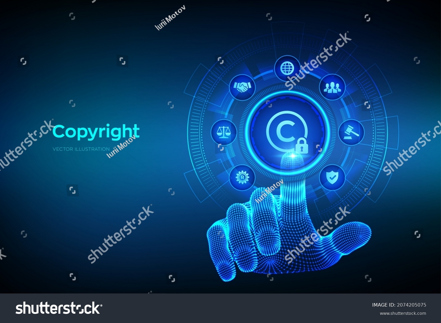 Copyright. Patents and intellectual property protection law and rights. Protect business ideas and headhunter concepts. Wireframe hand touching digital interface. Vector illustration. #2074205075