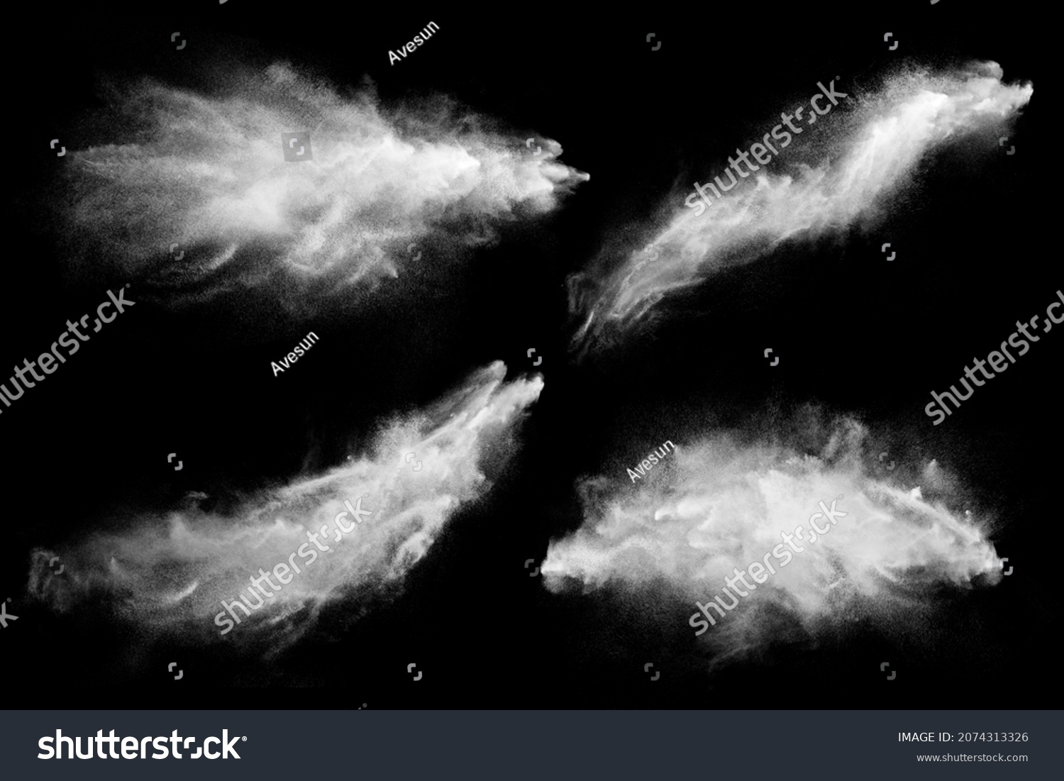 Set of dust powder splash clouds isolated on black. Flour particles exploding over dark background #2074313326