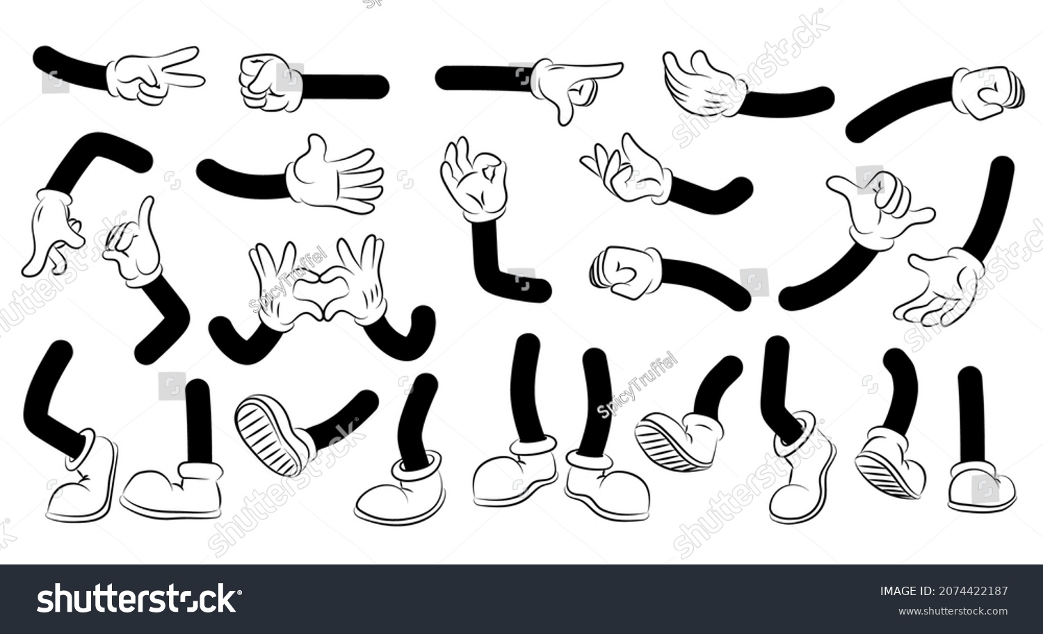 Cartoon arms and legs. Doodle human body parts. Character hands and foots in white gloves and boots. Limbs clipart expressions or gestures collection. Vector wrist and sole pairs set #2074422187