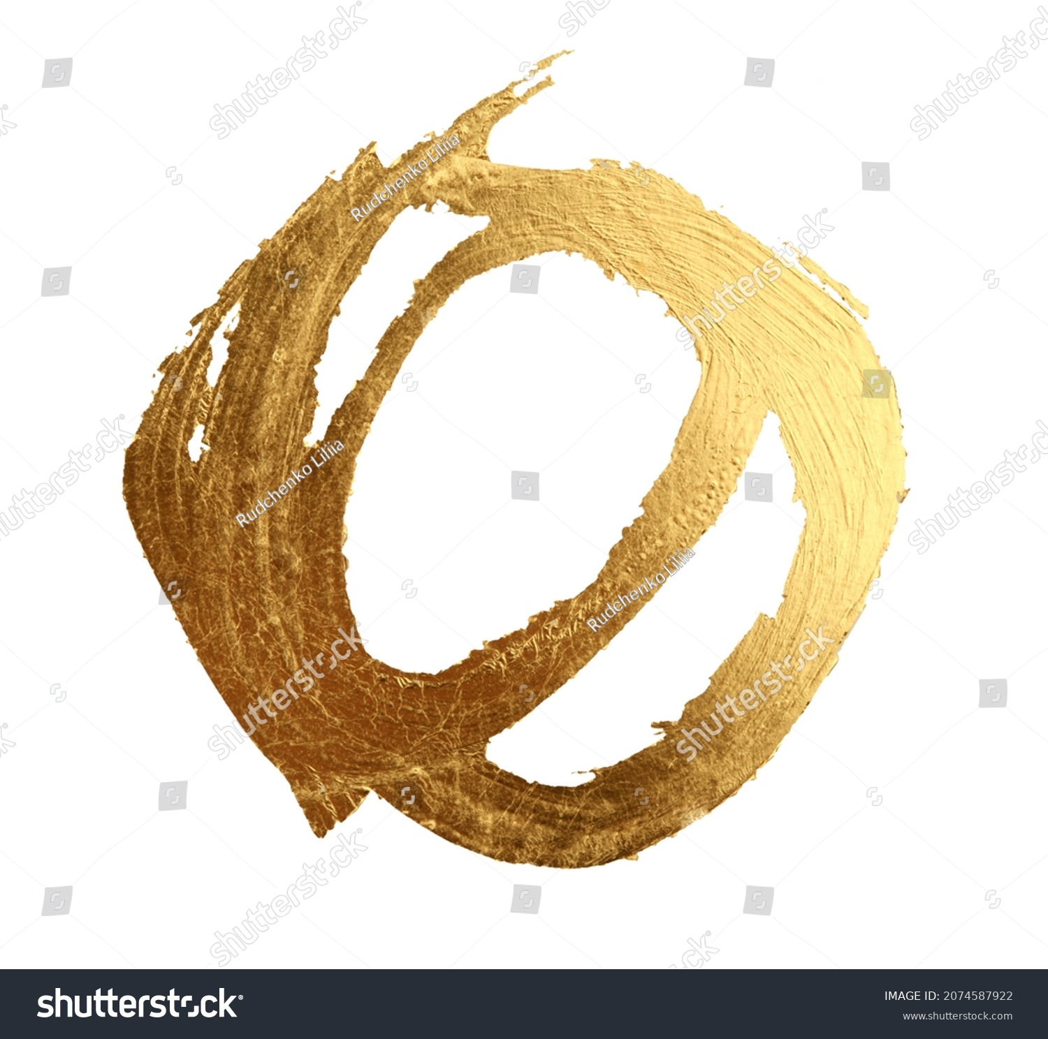 Grunge Gold and bronze glitter color smear circle painting blots on white. Abstract glow shiny background. #2074587922